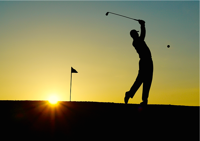 golf, golfé, le coucher du soleil